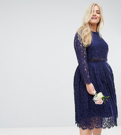 Кружевное платье миди для выпускного с длинными рукавами ASOS CURVE WEDDING - Темно-синий