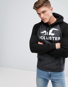 Черный меланжевый худи с контрастными рукавами реглан и логотипом Hollister Tech - Черный