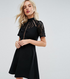 Приталенное платье с высоким воротом и кружевной вставкой ASOS PETITE - Черный