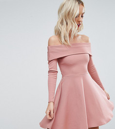 Короткое приталенное платье в рубчик с открытыми плечами ASOS PETITE PREMIUM - Розовый