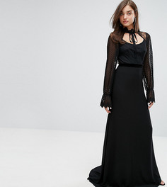 Платье макси с длинными кружевными рукавами и бархатной отделкой TFNC - Черный
