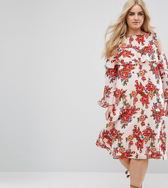 Платье миди с цветочным принтом и разрезами на плечах Boohoo Plus - Мульти
