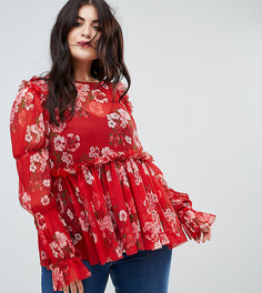 Красная свободная блузка с оборкой и цветочным принтом ASOS CURVE - Мульти