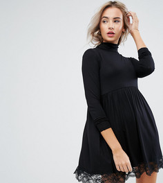 Короткое приталенное платье с воротником поло и кружевной отделкой ASOS PETITE - Черный