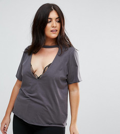 Футболка с высоким воротом, глубоким вырезом и сетчатыми вставками ASOS CURVE - Серый