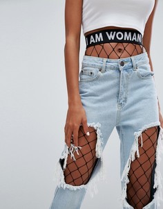 Колготки в сетку с принтом I Am Woman Branded на поясе ASOS - Черный