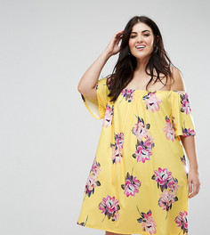 Желтое платье мини с открытыми плечами и цветочным принтом ASOS CURVE - Мульти