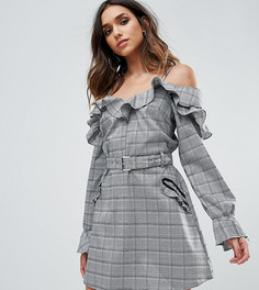 Клетчатое платье с открытыми плечами и оборками Missguided - Серый