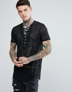 Длинная сетчатая футболка со шнуровкой и закругленным краем ASOS - Черный