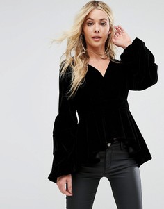 Бархатный топ с пышными рукавами Boohoo - Черный