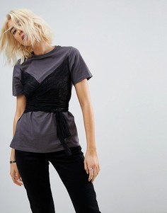 Футболка с кружевной вставкой и запахом ASOS - Мульти