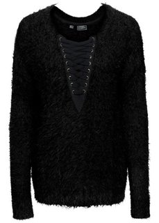 Вязаный пуловер на шнуровке (черный) Bonprix
