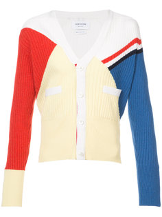 V-NECK CARDIGAN WITH RED, WHITE AND BLUE DIAGONAL STRIPE &amp; RIB INTARSIA IN CASHMERE Thom Browne