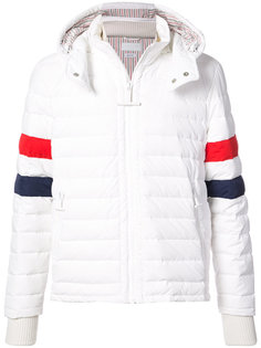 DOWNFILLED SKI JACKET WITH RED, WHITE AND BLUE SLEEVE &amp; DETACHABLE HOOD IN MATTE NYLON POPLIN Thom Browne