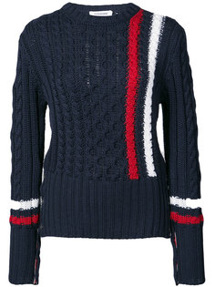 ARAN CABLE CREWNECK PULLOVER WITH VERTICAL INTARSIA STRIPE IN NAVY FINE MERINO WOOL Thom Browne