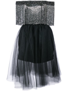 off the shouler fringed dress Monique Lhuillier