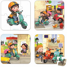 Набор из 4-х пазлов в квадратном чемоданчике "На скутере", 6*9*12*16 деталей, Janod