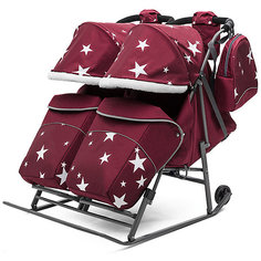 Санки-коляска для двойни ABC Аcademy Pikate Твин Звёзды на тёмно-серой раме, бордовый