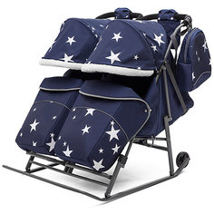 Санки-коляска для двойни ABC Academy Pikate Твин Звёзды на тёмно-серой раме, синий