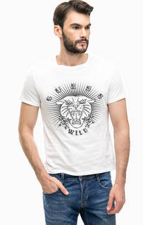 Белая хлопковая футболка с принтом и вышивкой Guess