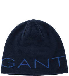Синяя шапка с логотипом бренда Gant