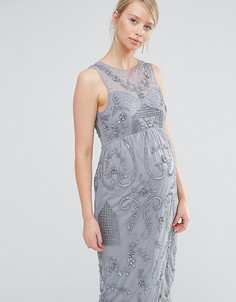 Декорированное платье миди для беременных с запахом на юбке Maya Maternity - Серый