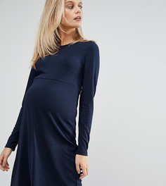 Короткое приталенное трикотажное платье с длинными рукавами Mamalicious - Темно-синий Mama.Licious