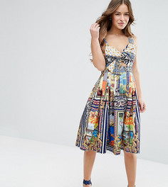 Льняное короткое приталенное платье с принтом и бантом ASOS PETITE - Мульти