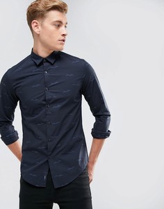 Темно-синяя рубашка узкого кроя со сплошным принтом логотипа Armani Jeans - Темно-синий