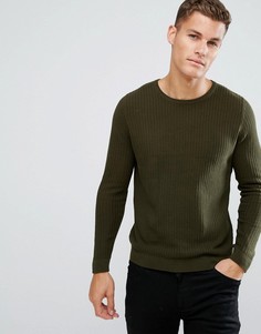 Фактурный джемпер цвета хаки с круглым вырезом Burton Menswear - Зеленый