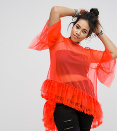 Сетчатая футболка с удлиненным краем и оборками ASOS CURVE - Оранжевый