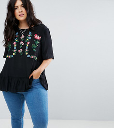 Футболка с вышивкой и оборкой ASOS CURVE - Черный
