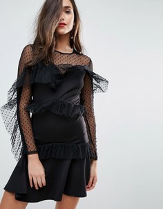 Короткое приталенное платье с ярусными оборками и отделкой добби ASOS - Черный
