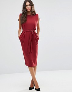 Платье миди с поясом, разрезами на рукавах и юбкой‑карандаш ASOS - Красный