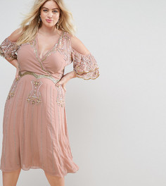 Премиум-платье миди с декоративной отделкой и открытыми плечами Frock And Frill Plus - Бежевый