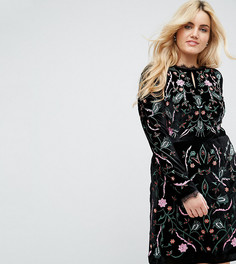 Короткое приталенное бархатное платье с вышивкой Frock And Frill Plus - Черный