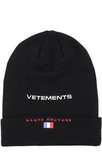 Шерстяная шапка с нашивками и логотипом бренда Vetements