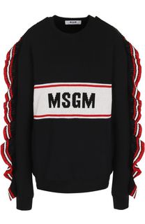 Хлопковый пуловер с оборками и круглым вырезом MSGM