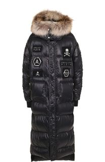 Удлиненный стеганый пуховик с меховой отделкой капюшона Philipp Plein