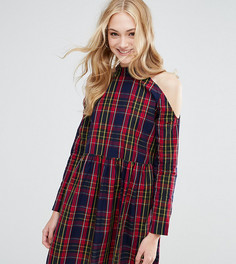 Платье в клетку с присборенной юбкой и вырезами на плечах ASOS TALL - Черный
