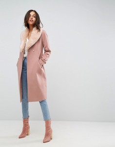 Приталенное пальто миди с отделкой искусственным мехом ASOS - Розовый