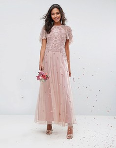 Декорированное платье макси с рукавами клеш ASOS WEDDING - Розовый