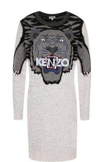 Шерстяное мини-платье с принтом и вышивкой Kenzo