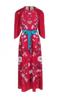 Платье-миди с ярким принтом и контрастным поясом REDVALENTINO