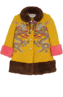 Шерстяное пальто с вышивкой и декоративным бантом Gucci