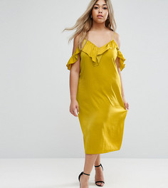 Атласное платье миди с оборкой и открытыми плечами ASOS - Зеленый