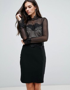 Платье с прозрачными рукавами и кружевной отделкой Lipsy - Черный