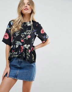 Футболка с цветочным принтом и асимметричной оборкой ASOS - Мульти