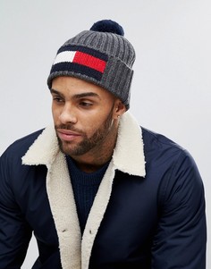 Меланжевая темно-серая шапка-бини с помпоном Tommy Hilfiger - Серый