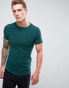 Длинная обтягивающая футболка с круглым вырезом и закругленным краем ASOS - Зеленый